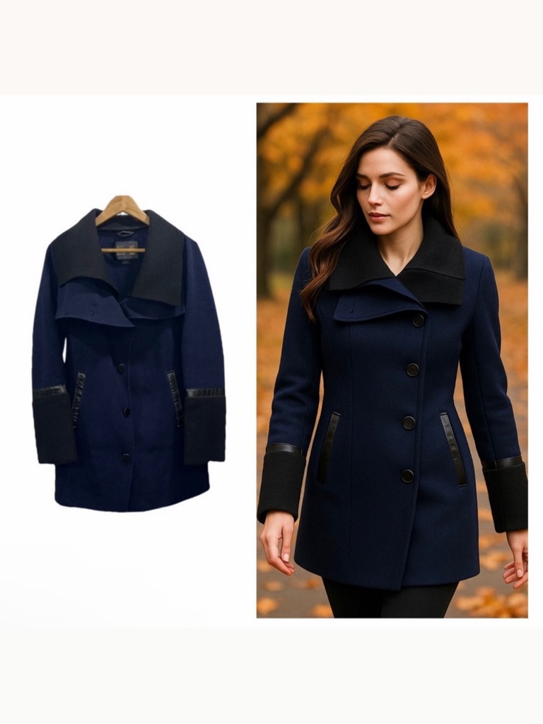 Mackage Blue Pea Coat Wool Blend Knit Collar Medium Fall Winter Euc